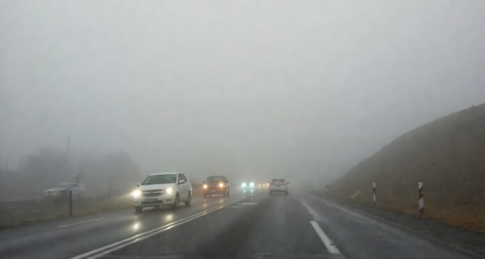 Dense fog covering a highway in North India during winter