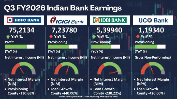 Infographic showing Q3 FY2026 profit comparison and NPA trends for HDFC Bank, ICICI Bank, IDBI Bank and UCO Bank