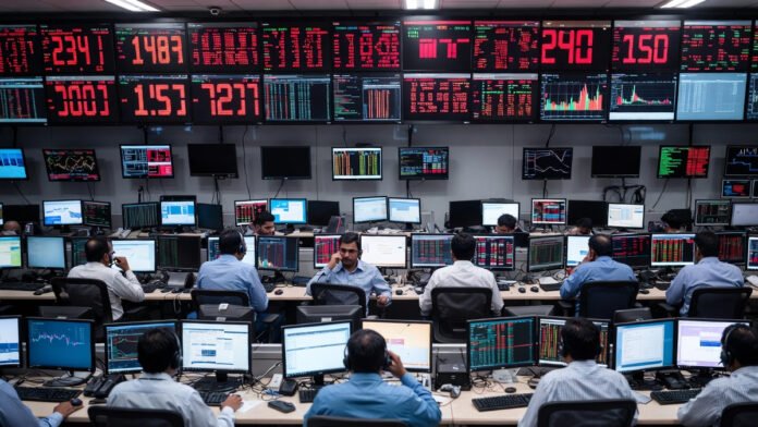 Indian stock market screens showing Sensex and Nifty falling amid heavy selling