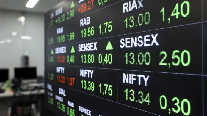 Indian stock market opening bell with Sensex and Nifty trading higher