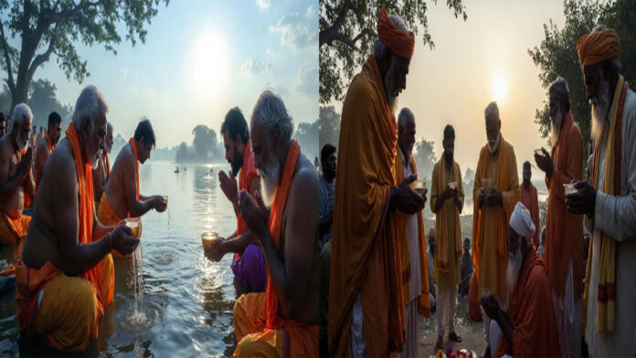 Devotees performing holy bath and Surya puja on Makar Sankranti 2026 as the Sun enters Capricorn.
