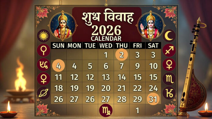 Marriage Muhurat 2026 calendar showing auspicious Hindu wedding dates and Guru Shukra Uday timings