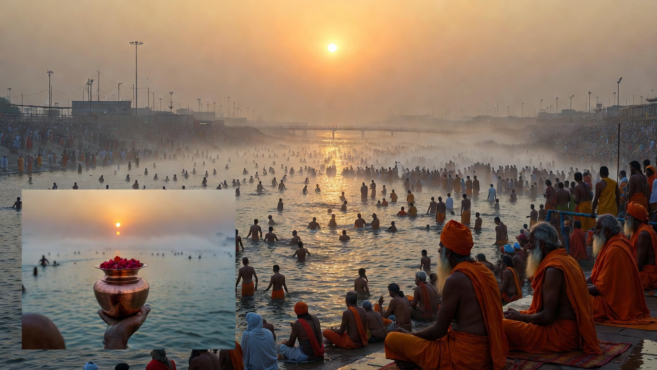 Aerial view of enormous devotee gathering at Prayagraj Triveni Sangam for Mauni Amavasya snan