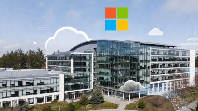 Microsoft headquarters in Redmond with cloud and AI technology visuals