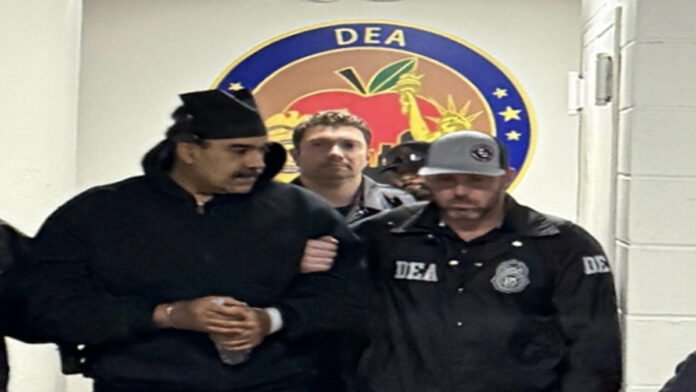 enezuelan President Nicolas Maduro entering US federal court in Washington for drug trafficking hearing on January 5, 2026, with security detail.