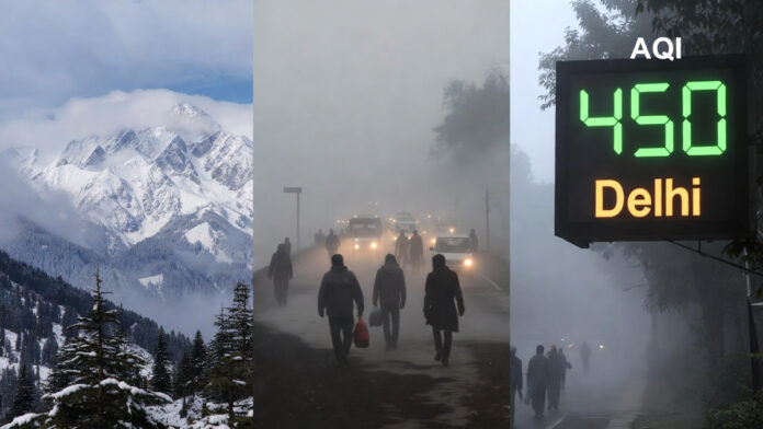 Snowfall and foggy conditions in North India with IMD weather alert for rain, temperature rise and severe pollution