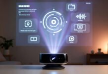 CES 2026: Samsung Launches AI-Powered Freestyle+ Projector That Turns Walls and Ceilings Into Screens Samsung Freestyle+ AI projector projecting video on a ceiling at CES 2026