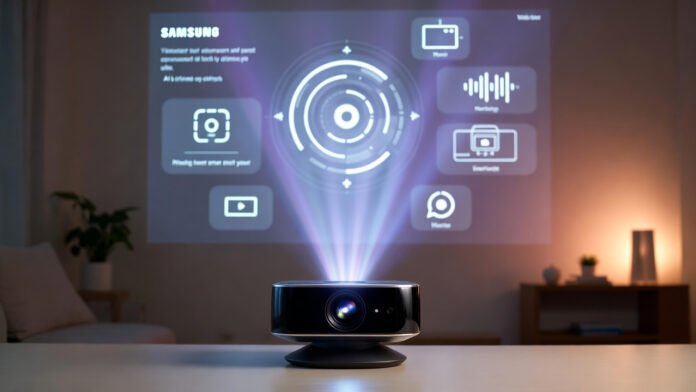 Samsung Freestyle+ AI projector projecting video on a ceiling at CES 2026