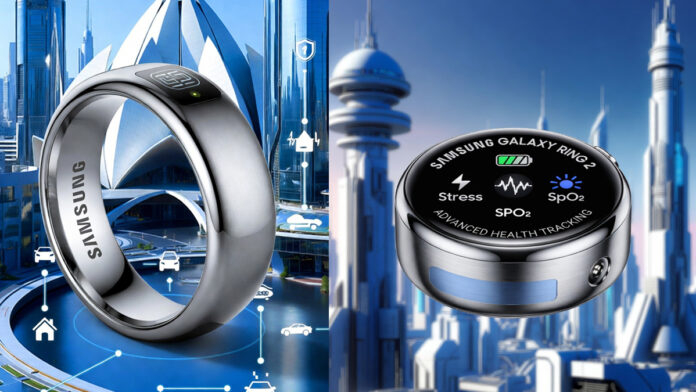 Samsung Galaxy Ring 2 titanium smart ring on finger displaying health metrics and smart home control icons