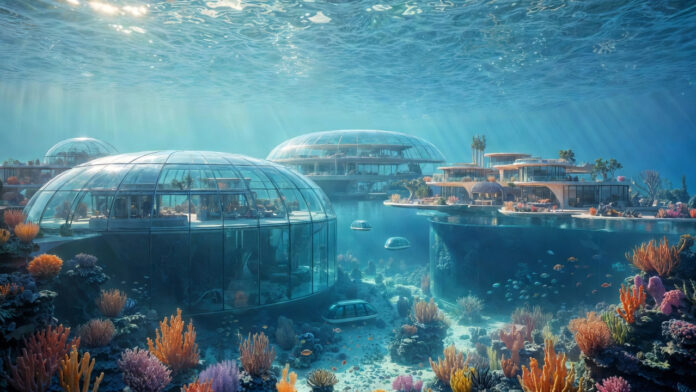 Conceptual rendering of NEOM Water Village underwater luxury settlement in Red Sea with marine life visible