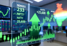 Indian Stock Market Closes Higher: Sensex Jumps 320 Points, Nifty Surges Past 25,150 Indian stock market screen showing Sensex and Nifty closing higher