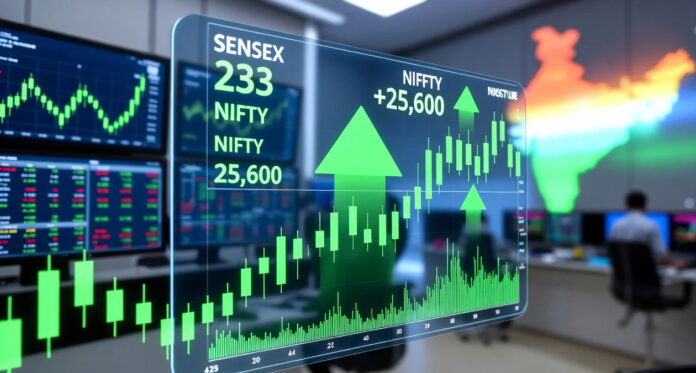 Indian stock market screen showing Sensex and Nifty closing higher