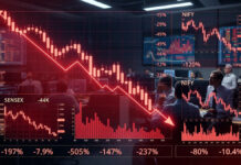Stock Market Falls for Third Straight Session; Sensex Slips 271 Points, Nifty Closes Below 25,200 Amid Global Tensions Stock brokers track falling markets as Sensex and Nifty close lower amid global tensions