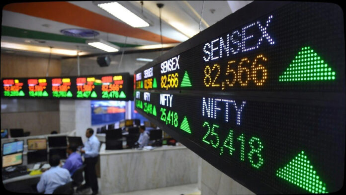 BSE Sensex and Nifty indices showing green upward arrows on digital display board at Bombay Stock Exchange