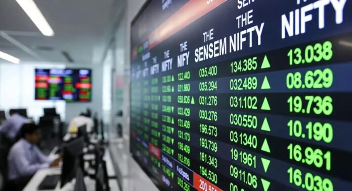 Sensex and Nifty trading screens showing gains on New Year 2026