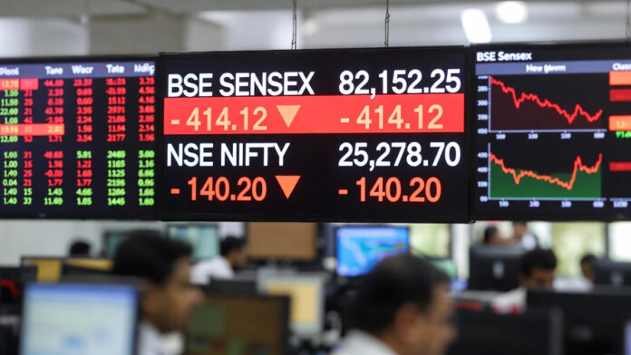 BSE Sensex and NSE Nifty indices in red showing decline at market open