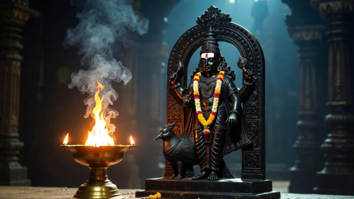 Lord Shani idol with glowing oil lamp during Saturn retrograde period in Vedic astrology