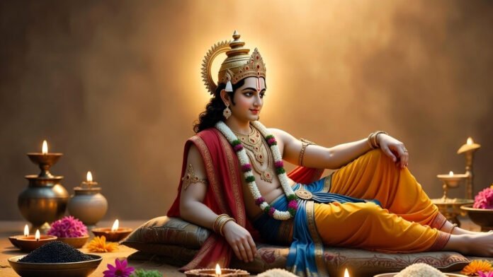 Devotees worshipping Lord Vishnu with sesame seed offerings on Shattila Ekadashi for spiritual blessings and prosperity