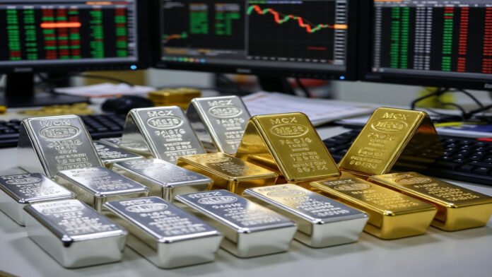 Silver and gold bars displayed with MCX market charts showing price volatility