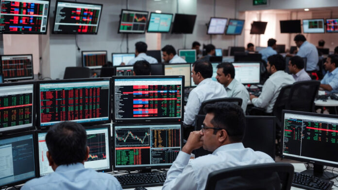 stock-market-budget-volatil Indian stock market screens showing volatility ahead of Union Budget