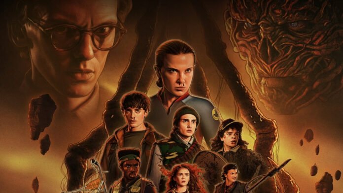 Stranger Things series finale theatrical screening poster displayed inside a movie theater lobby