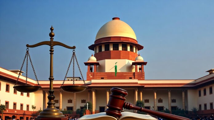Supreme Court of India building with gavel and scales of justice, symbolizing bail denial in Delhi riots case on January 5, 2026.
