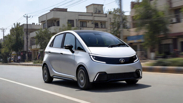 Concept image of Tata Nano electric car in a modern city setting