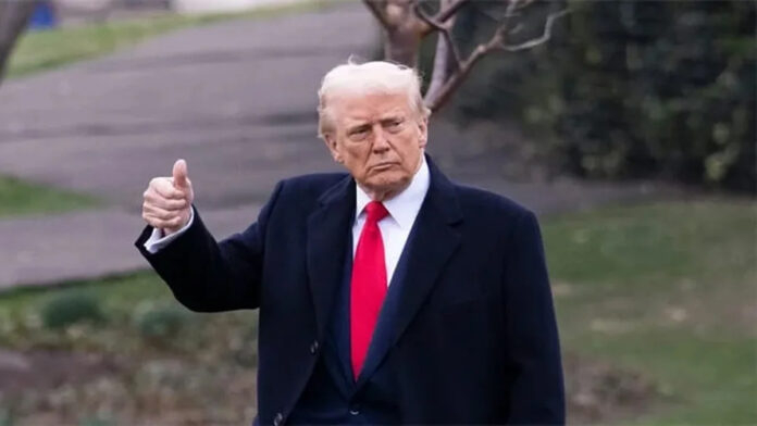 President Donald Trump speaking to reporters aboard Air Force One, warning of tariffs on India