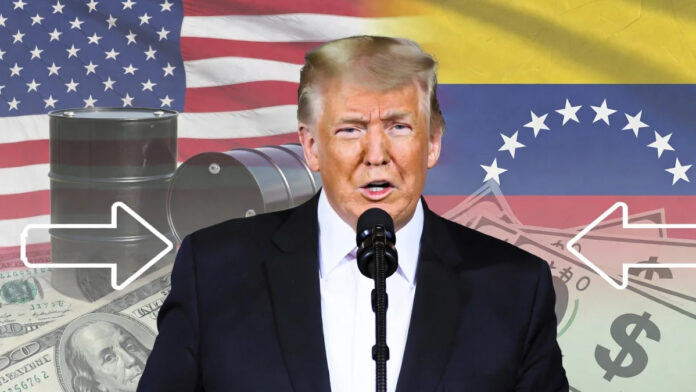 Donald Trump speaking at a podium addressing trade and immigration policies