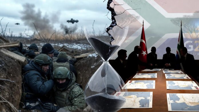 Ukraine-Russia war 2026 frontline: Soldiers in Donbas trenches amid drone strikes, with overlaid peace talk symbols from Vatican and G20 summits.