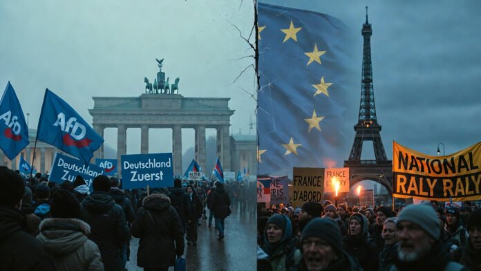 Political unrest in Germany and France 2026: Protesters wave AfD and National Rally flags amid EU crisis in Berlin and Paris streets.