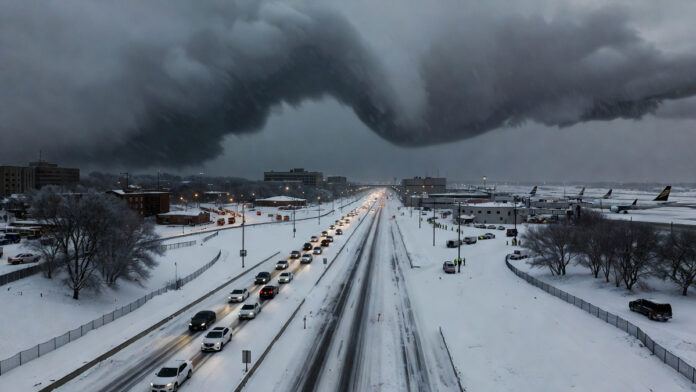 Massive winter storm in the United States with heavy snow covering highways and disrupted airport operations