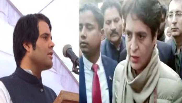 A conceptual political image showing Priyanka Gandhi and Varun Gandhi in a neutral meeting context.