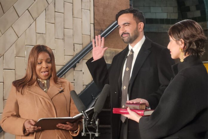 Zohran Mamdani takes oath as New York mayor holding a historic Quran at underground subway station
