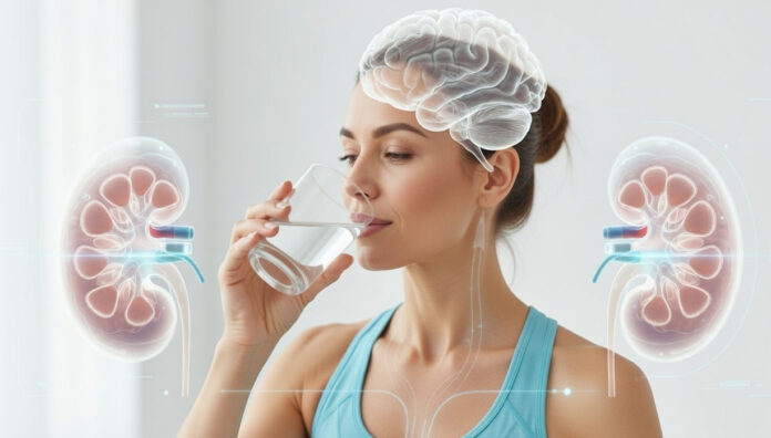 A healthy adult drinking water with a transparent overlay graphic showing hydration benefits for the brain and kidneys.