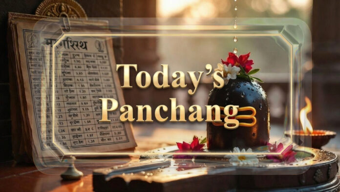 Hindu Panchang calendar and Shivling with diya for Monday worship
