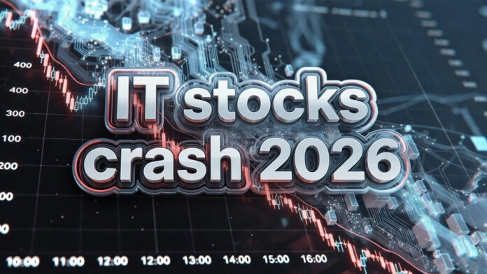 Stock market chart falling beside AI technology concept illustration