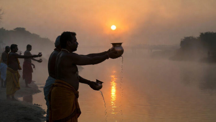 Devotees offering water to the Sun God on Bhanu Saptami 2026 during sunrise