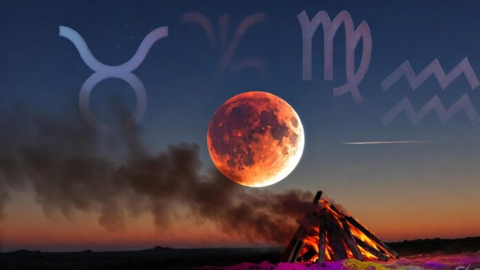 Total lunar eclipse on March 3, 2026 during Holi with zodiac symbols Taurus, Virgo, and Aquarius