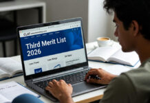 CLAT 2026 Third Merit List Released: Freeze, Float or Exit Seats by Feb 12 Deadline Students checking CLAT 2026 third merit list results on laptop with official website visible