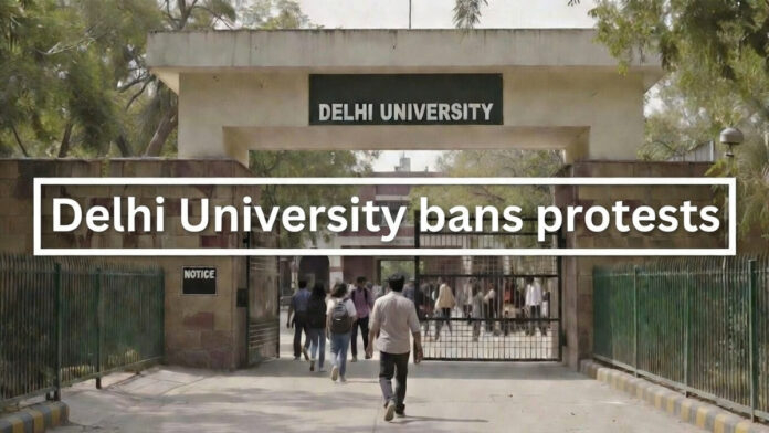 Delhi University campus entrance as administration announces protest ban