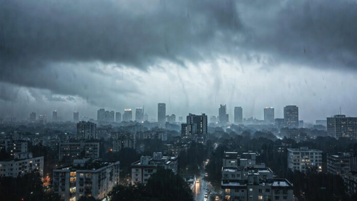 Dark rain clouds over Delhi skyline during weather alert