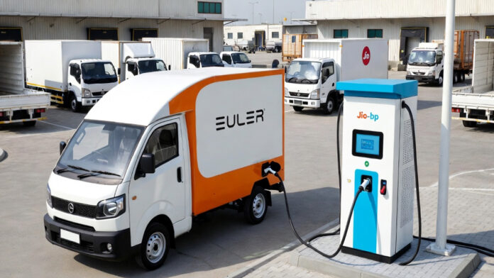 Euler Motors electric commercial vehicle charging at a Jio-bp EV charging station