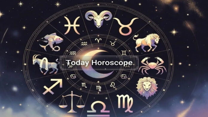 A glowing zodiac wheel with constellations and planetary symbols, symbolizing daily horoscope predictions.