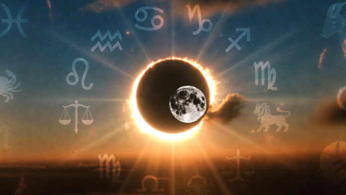Solar eclipse on February 17, 2026 with zodiac symbols representing daily horoscope predictions