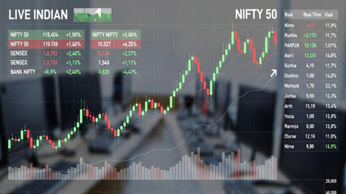 Stock market data screen showing Indian market indices and trading activity