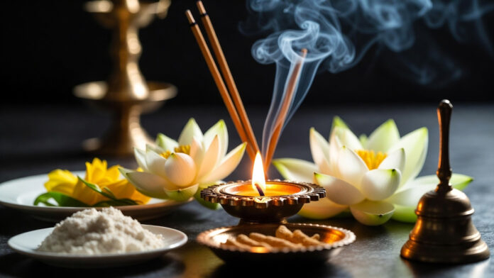 Friday prayer setup with lamp flowers and offerings