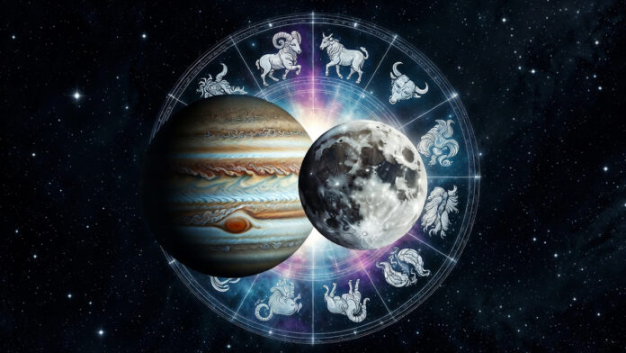 Jupiter and Moon alignment symbolizing Gajakesari Yoga
