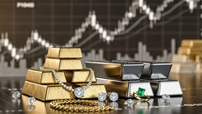 Gold bars and silver bullion displayed as domestic gold hits ₹1.60 lakh and silver jumps ₹6,670