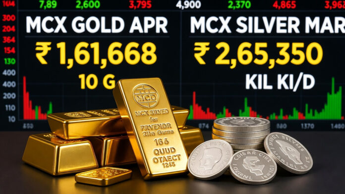 gold-silver-mcx-price-volat Gold bars and silver bullion displayed with MCX price board showing gold at ₹1.61 lakh and silver at ₹2.65 lakh